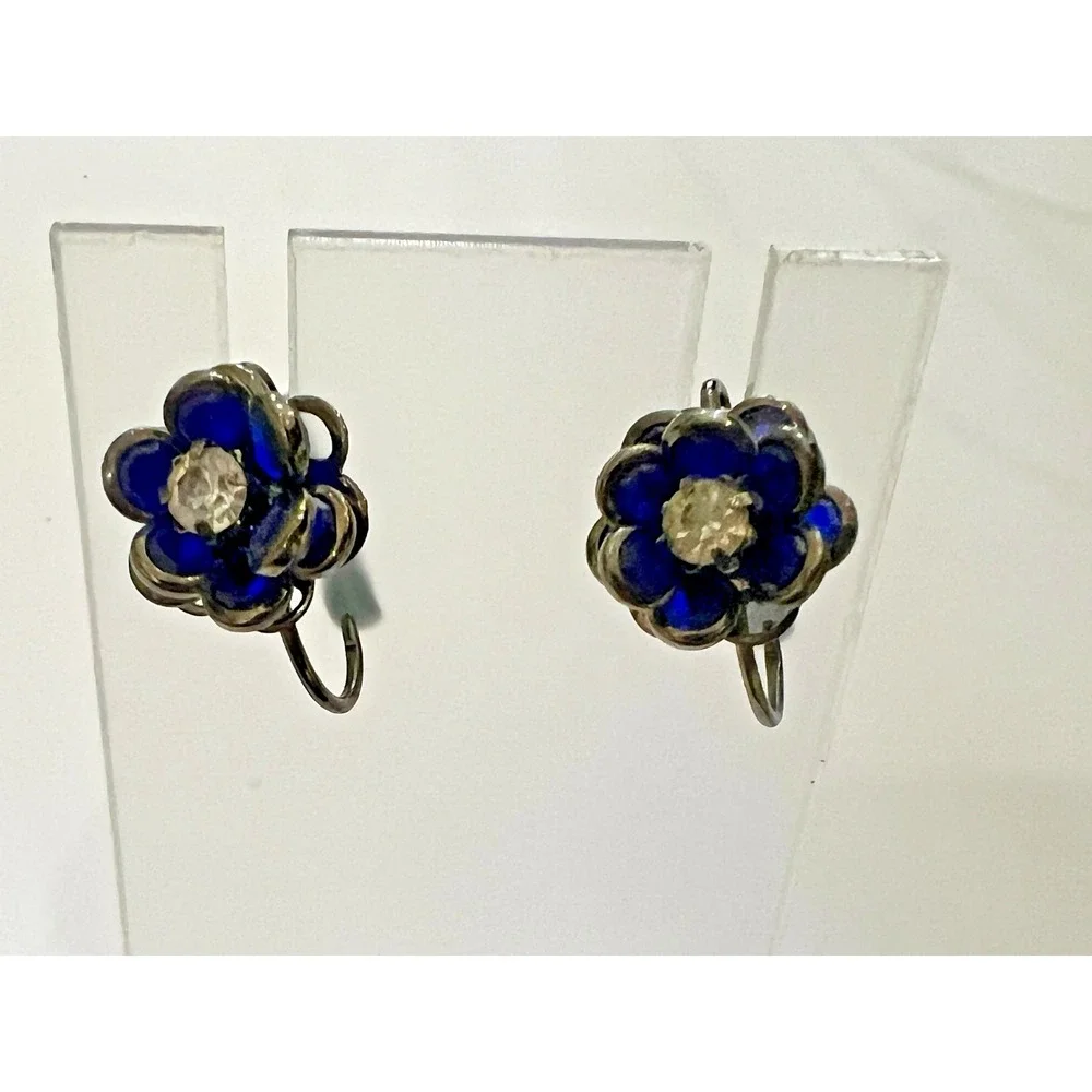 Vintage Cobalt Blue Glass‎ Floral Clip On Earrings Art Deco Rhinestone Flower